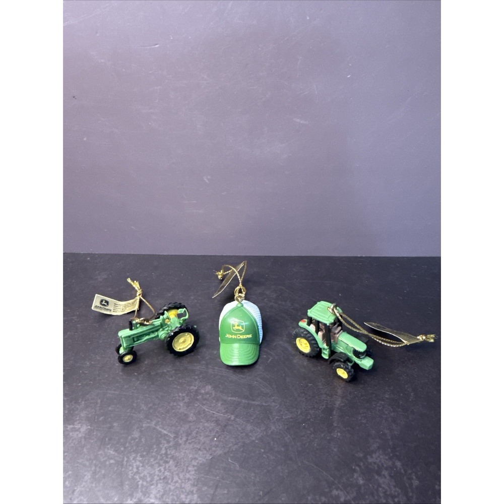 JOHN DEERE LOT ENESCO CHRISTMAS ORNAMENTS HAT & 2 TRACTORS Miniature